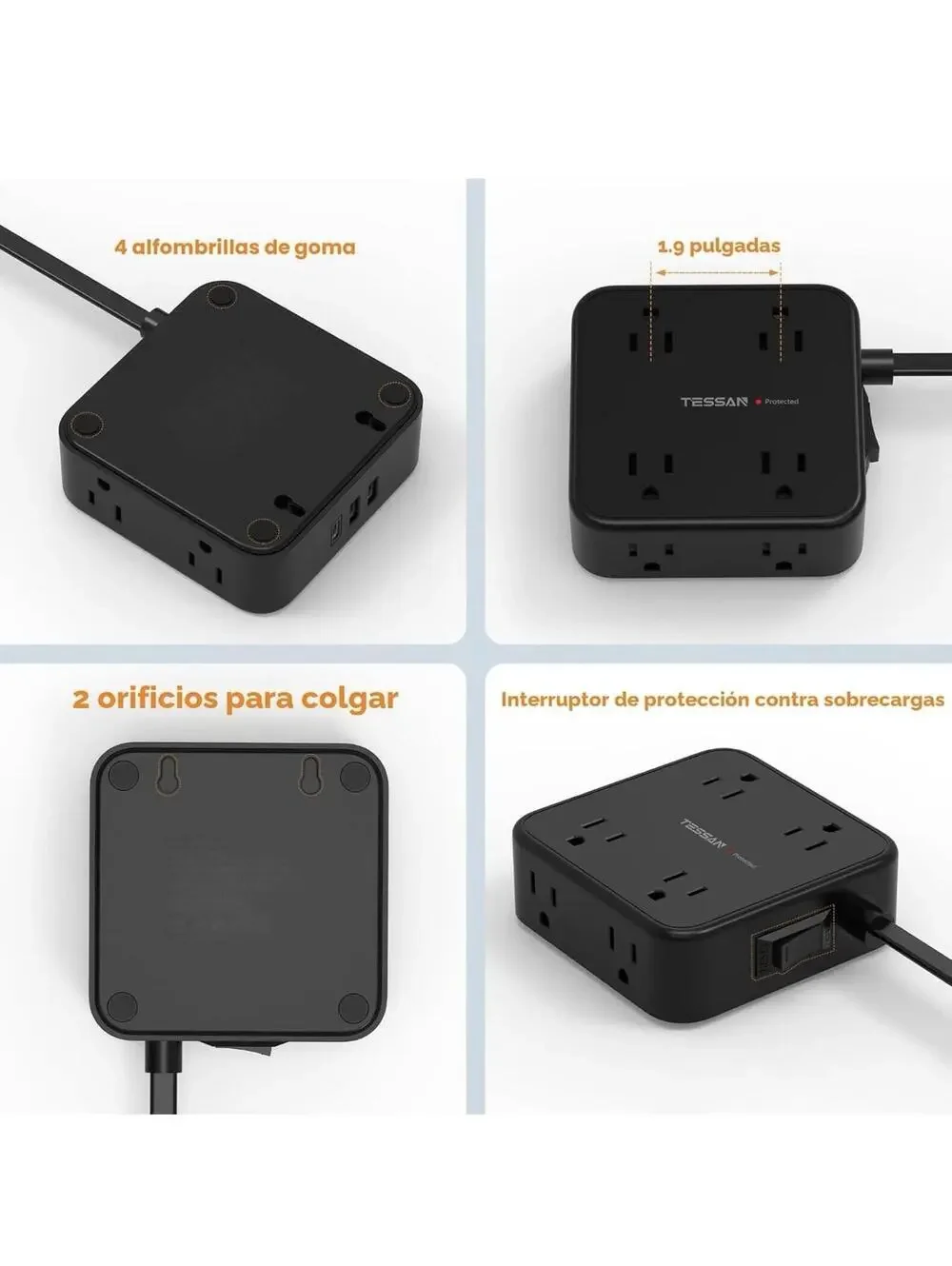 Surge Protector Power Strip 8 Outlet 2 USB 1 USB-C Flat Plug 5FT Cord TESSAN NWB